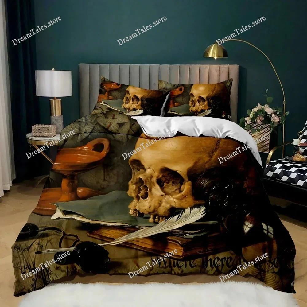 Skull Duvet Cover Queen Size Microfiber Vintage Sugar Skull Girl Day of The Dead Bride with Dark Color Roses Graphic Bedding Set
