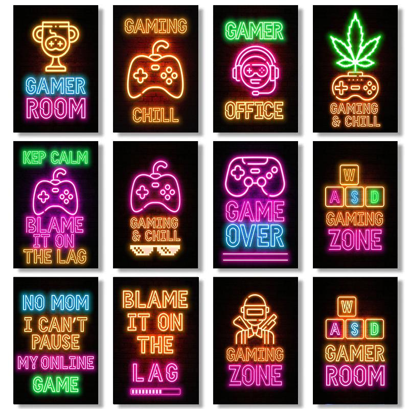 

Неоновый дизайн Gaming Chill Game Zone Gamer Плакаты с геймпадом Холст Картина Скандинавское настенное искусство для современной комнаты Украшение дома Подарок