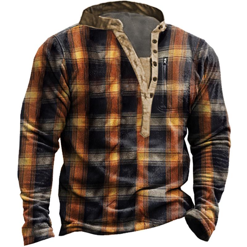 Large size men's sweatshirt autumn loose stand collar thickened 3D digital plaid printed tops in stock