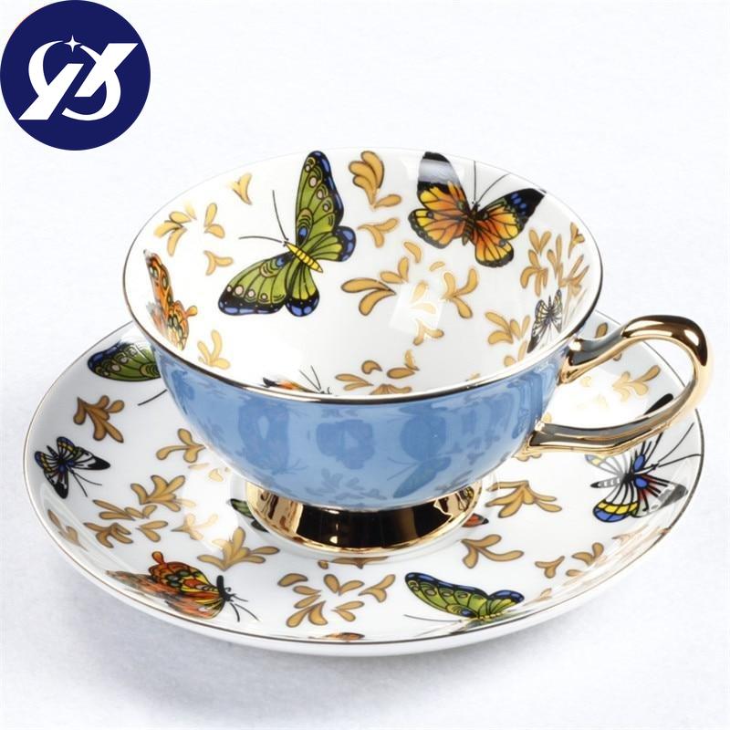 European Bone Cna Kávový šálek Barevný porcelán Butterfly Keramická sada šálků a podšálků na čaj Britský kancelářský šálek na pití Dárek