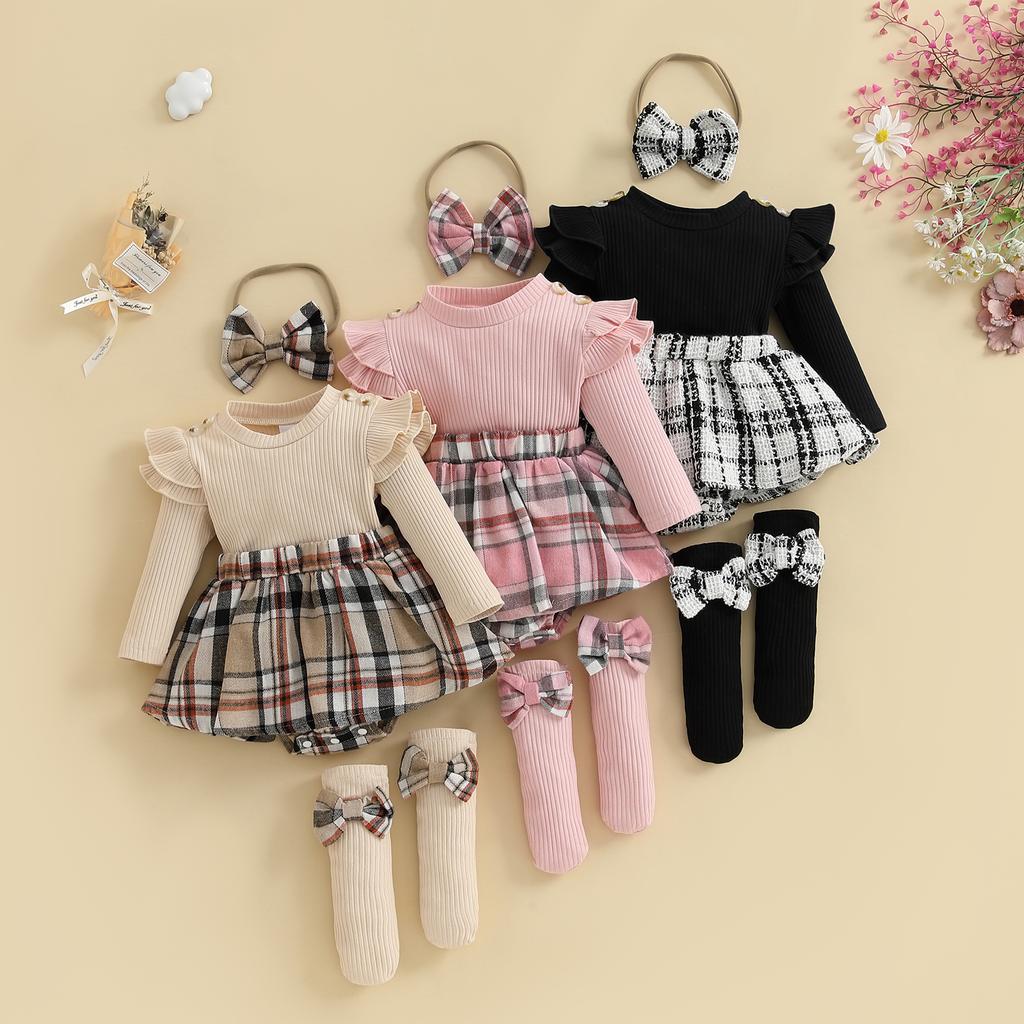 Citgeett Autumn Infant Baby Girl Fall Outfits Long Sleeve Plaid Print Skirt Bodysuit Headband Socks Set Clothes