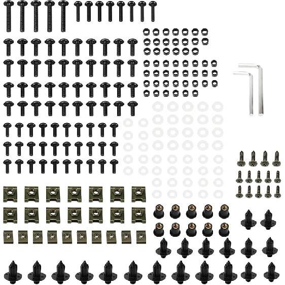 Black Universal 253PCS M5 M6 Fairing Bolt Kit Body Screws Compatible with Honda, Compatible with Kawasaki, Compatible with Yamaha, Compatible with