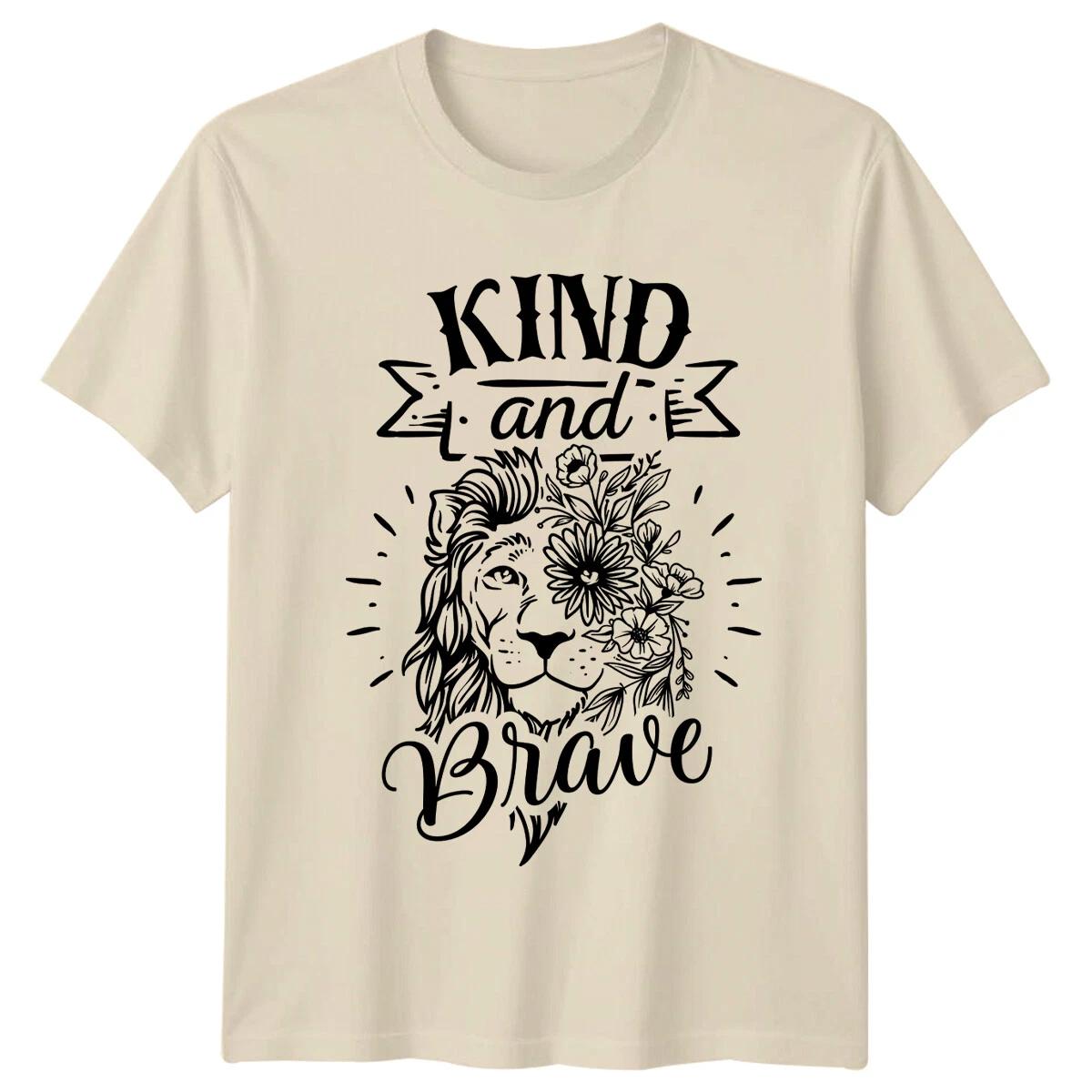 Kind And Brave Lion Floral Graphic T-Shirt Slogan Quote Tee L