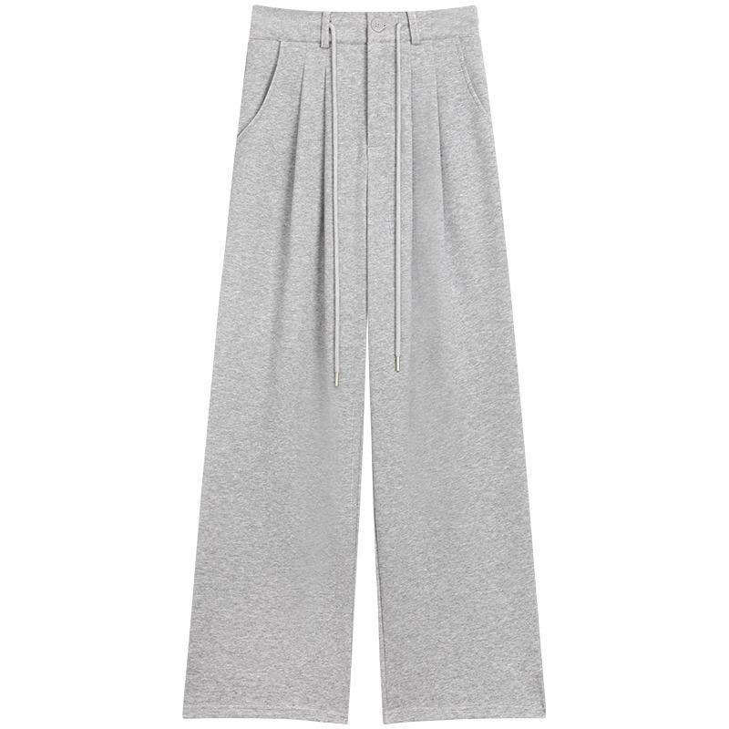 Petite High Waist Gray Drawstring Sweatpants for Women - Loose, Slimming, Wide Straight Leg, Casual Joggers