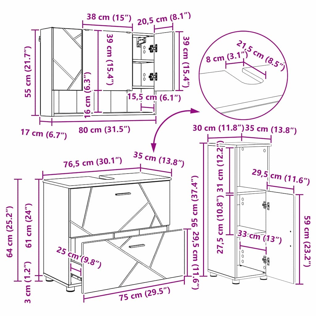 Bathroom Furniture Set with Shelf 3 Pcs White Plywood and Metal