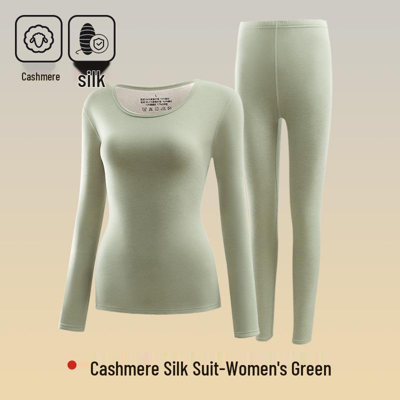 Women's Cashmere Silk Thermal Underwear Set - Seamless, Round Neck, Autumn/Winter Warm Suit for Couples