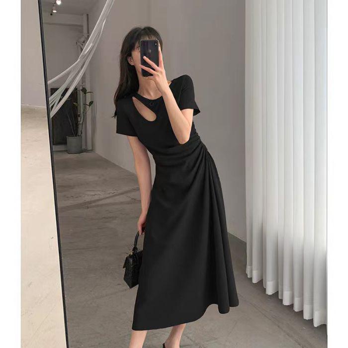 Hollow Design Summer Dress: French-Inspired Elegant Slimming Waist Hepburn Style Long Dress for Women