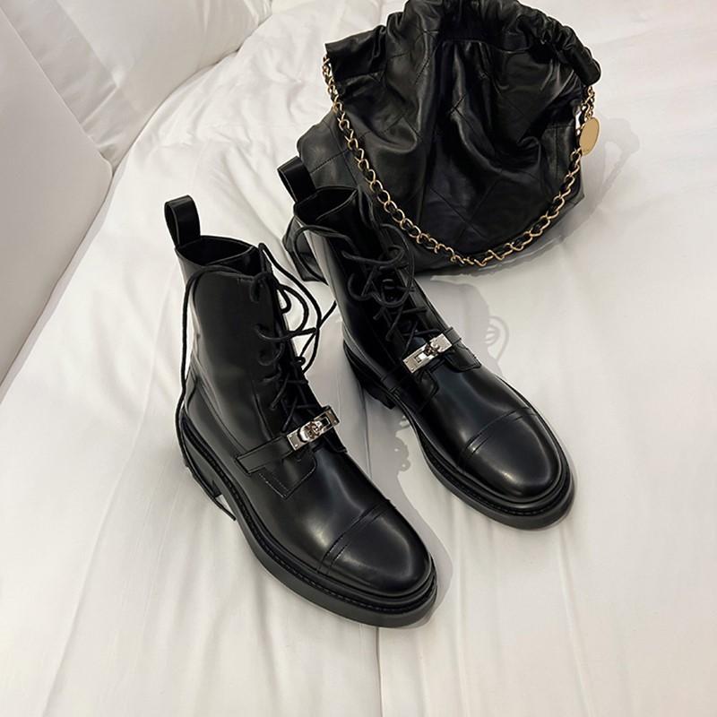 Explosive metal lock round head lace-up Martin boots women's British style versatile and thin locomotive boots thick heel women's short boots