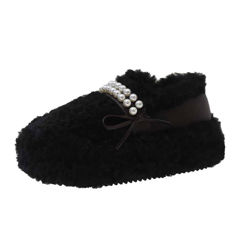 Women's Thick Soles Buy Shoes Winter New Round Head Beaded Butterfly Knot Anti-slip Wear-resistant Low-top Shoes