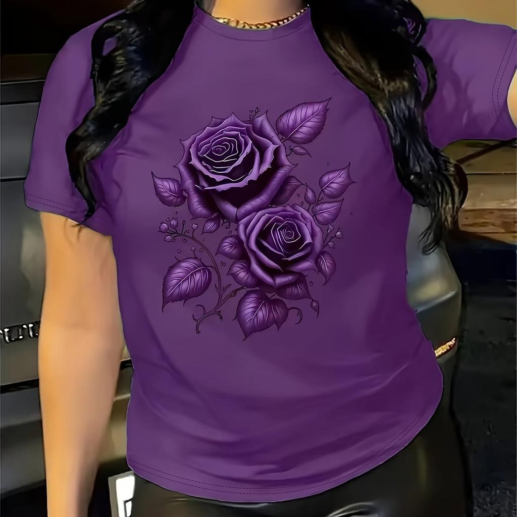 Women's Purple Rose Print Crew Neck Short Sleeve T-Shirt Casual Party Machine Washable Plus Size Top