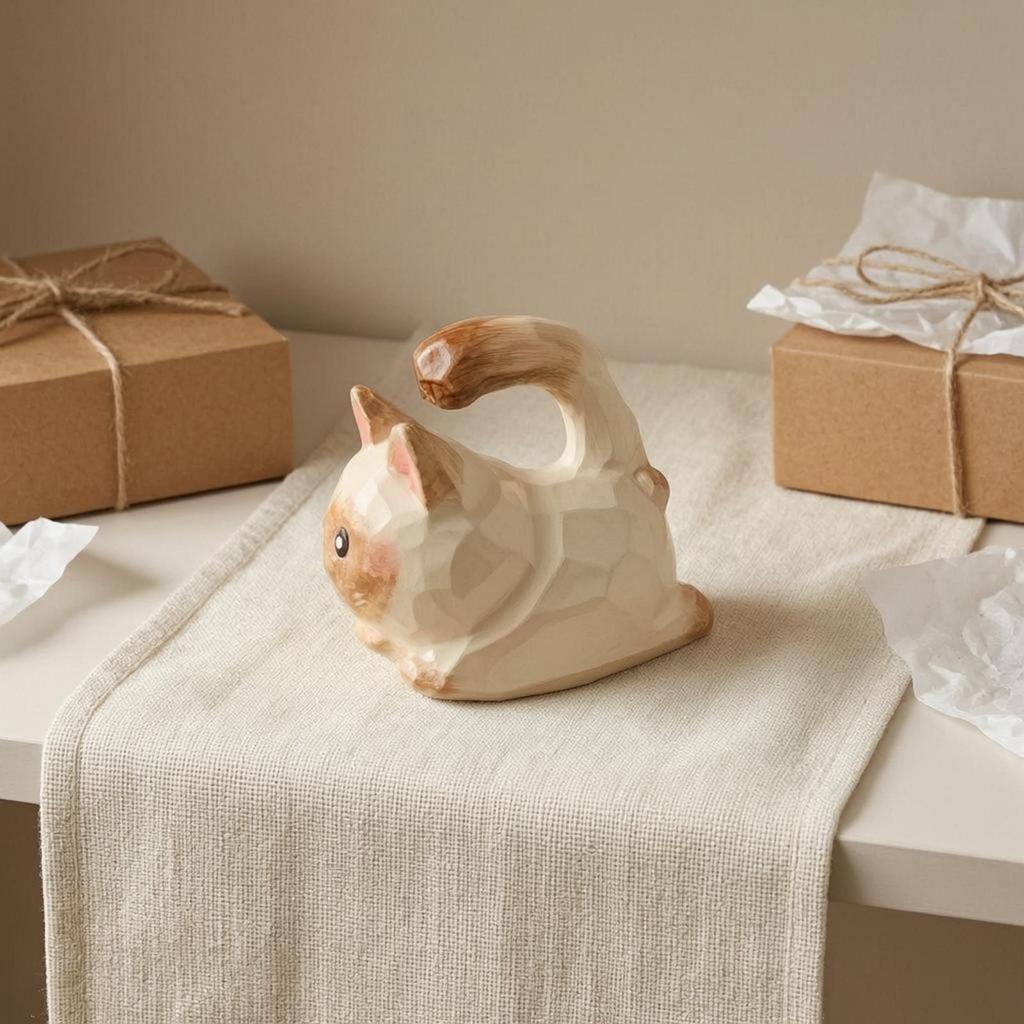 HandCarved Cat Figurine Oak Wood Mini Wooden Statue Faceted Surface Decor for Tabletop, Car