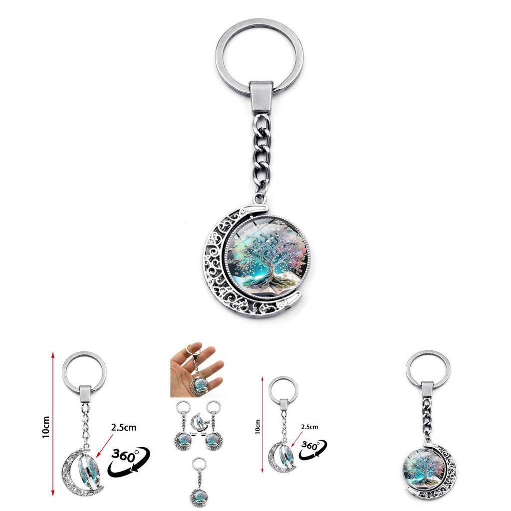 Tree Of Life Pattern Double-sided Rotating Moon Pendant Keychain Metal Key Ring Creative Small Gift Zinc Alloy
