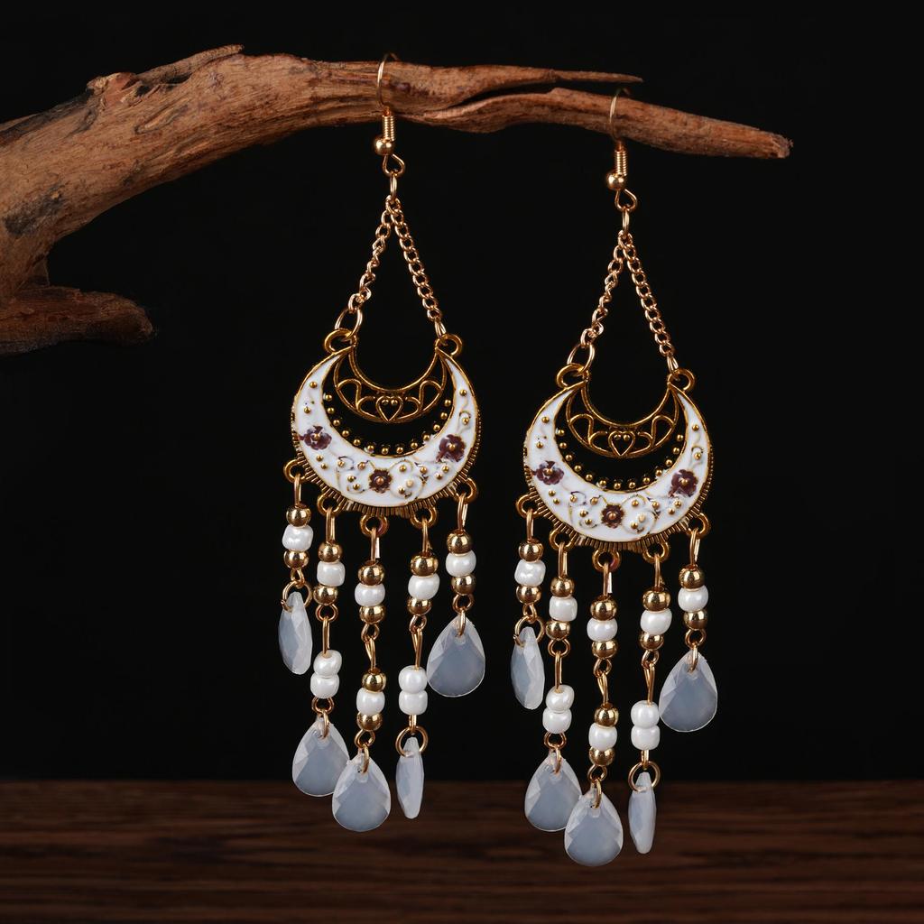 Bohemian Cross-Border Handmade Water Drop Rice Bead Tassel Earrings for Travel Photography
