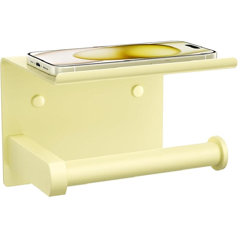 Tindbea Toilet Paper Holder with Phone Shelf, Adhesive or Screw Wall Mount Toilet Tissue Roll Holder, Rustproof & Multifunctional Stainless Steel O-sunlight Yellow