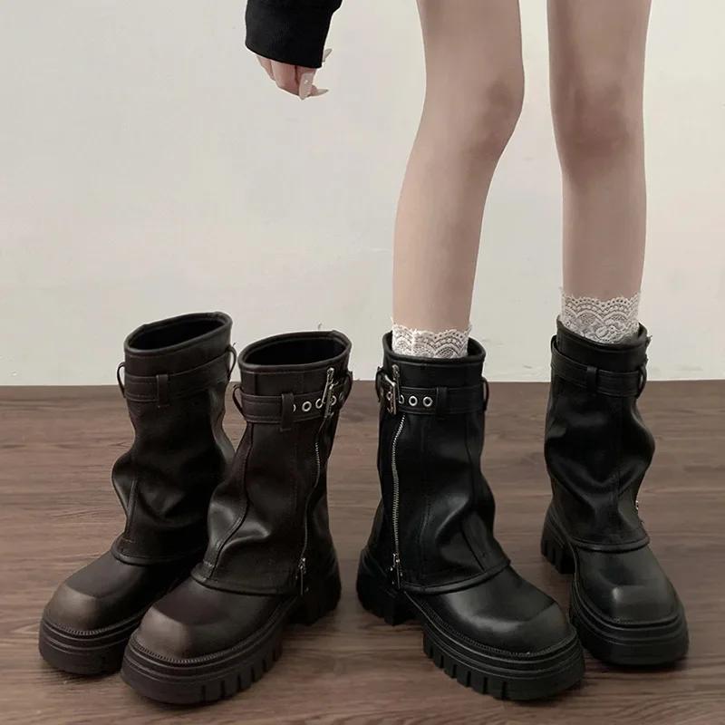 Women's Mid-Calf Boots Fashion Belt Buckle Ladies Shoes Women's Knight Booties Elegant Platform Flats Short Booties Casual Shoes
