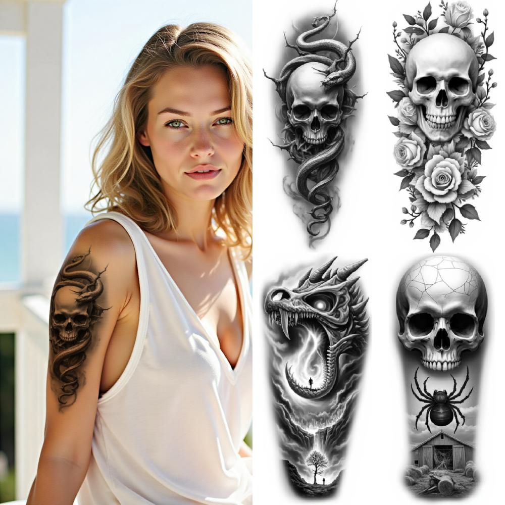 3 Stück Temporäre Tattoos Realistische Temporäre Tattoos Skelett mit Kapuze Spinnenkopf Totenkopf Drachenschädel Für Männer Erwachsene Oberschenkel
