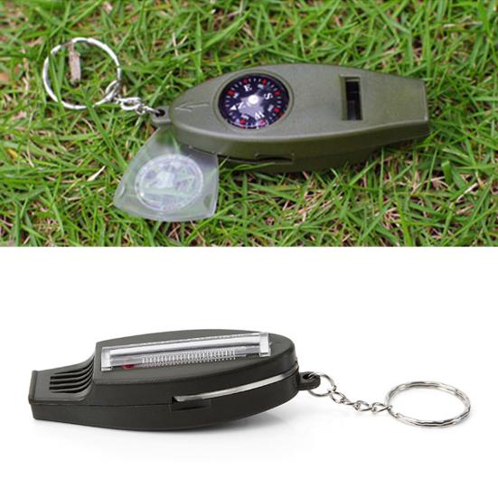 Notfallpfeife Kompass Lupe Thermometer Klarer Klang Schlüsselanhänger Design 4 in 1 Multifunktions-Wanderpfeife Outdoor-Zubehör