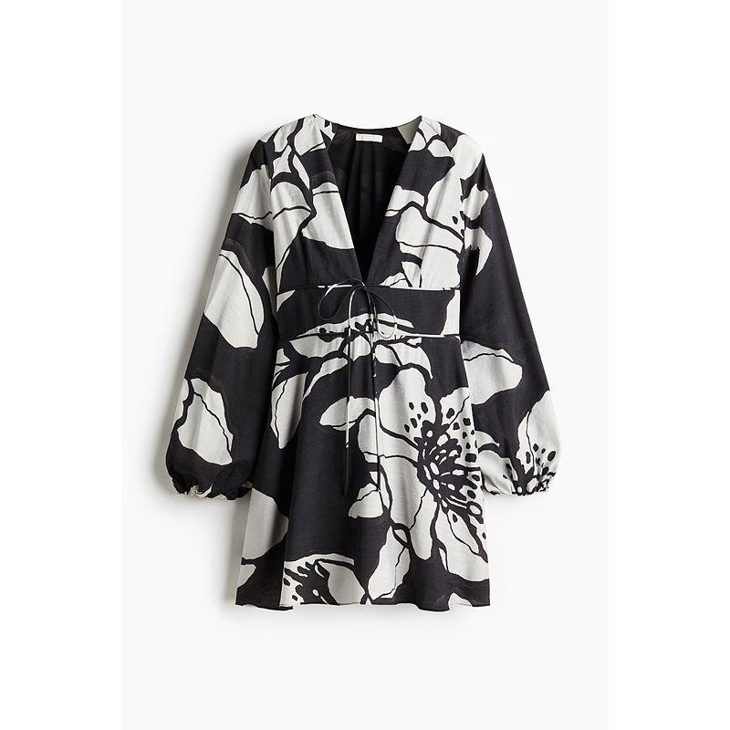 

HM Женская одежда Цветочный принт Платье Осень Французский стиль Темперамент Рукав реглан V-образный вырез Длинные рукава Платье с принтом 1266639 Black/White Florals 155/80(XS)