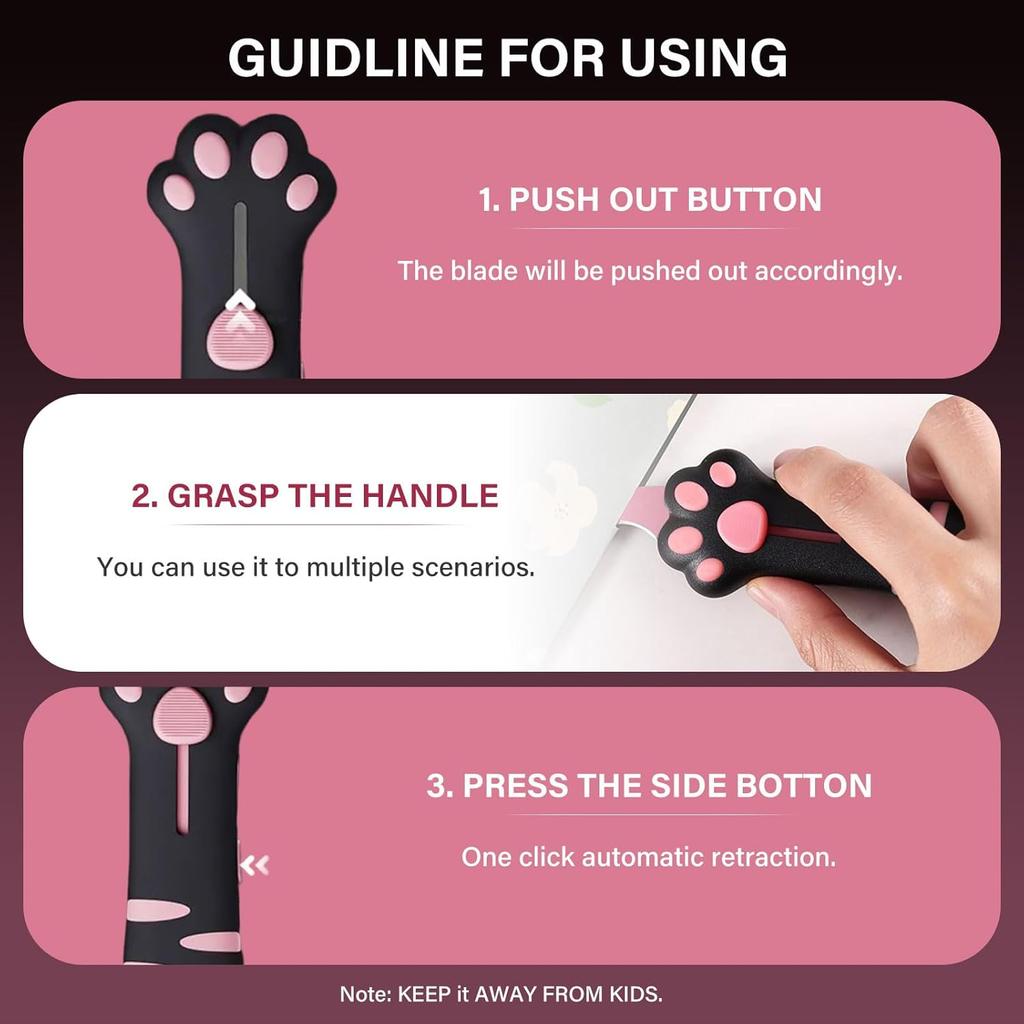 Cat Paw Box Cutter, SKRMISDA Retractable Cat Claw Cutter, Portable Cute Paper Cutter, Carton Sealing Tape Opener for Women, Safe Unpacking Tool for