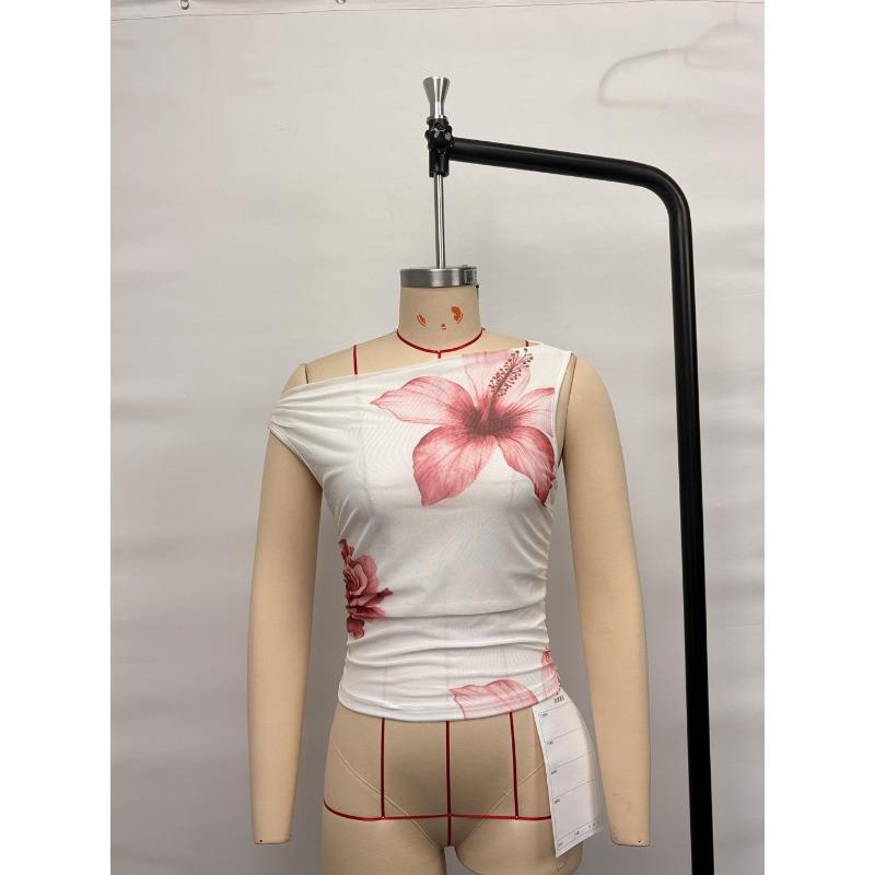 Women Floral Print Asymmetrical Neck Crop Top Sleeveless Slim Fit Going Out Blouse