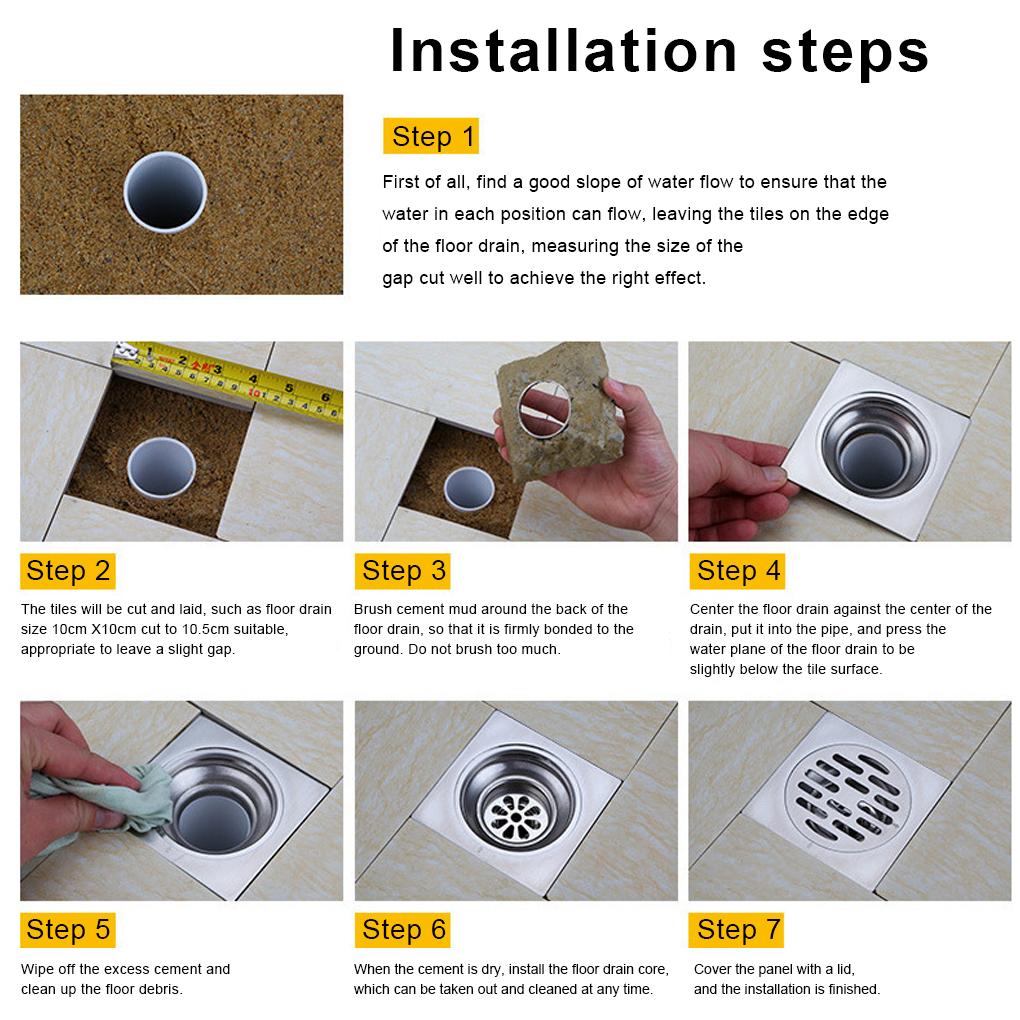 Stainless Square Bathroom Floor Drain Waste Hair Trap Wet Room Shower Washing Machine Drain