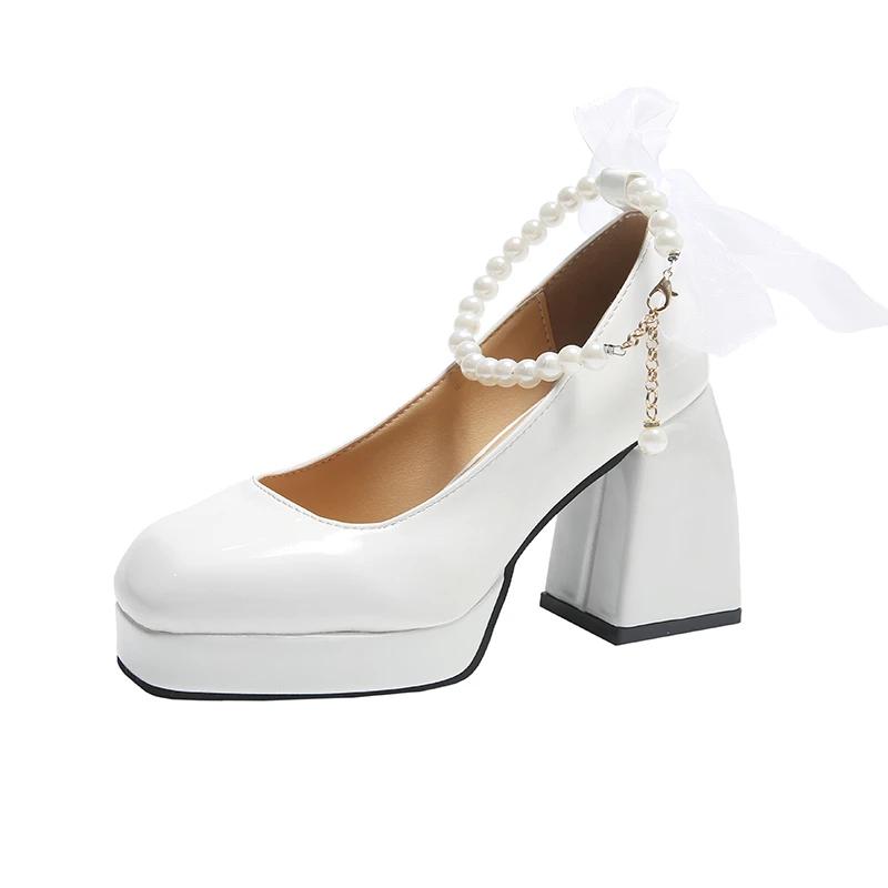 

Мода 2024 года, новые модные туфли для женщин, туфли Мэри Джейн на высоком каблуке, летние однотонные туфли для офиса и карьеры, женские туфли с бусинами, Zapatos 40 белый