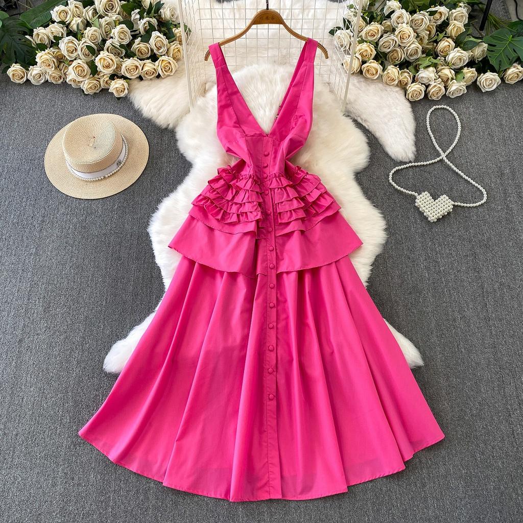 Seaside vacation style sexy backless V-neck suspender dress women's niche design ruffle edge waist cardigan long dress