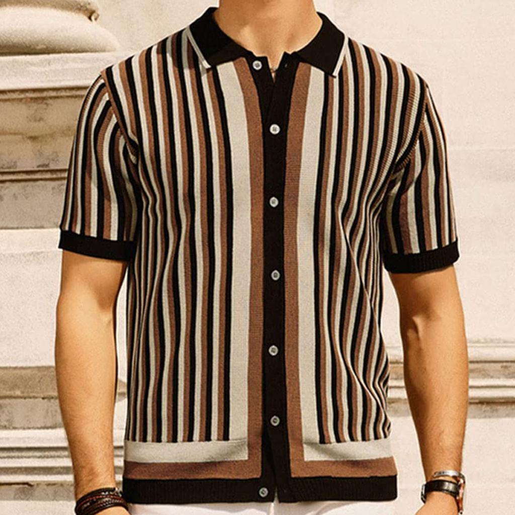 European and American Men's Striped Knit Sweater Icy Silk Knit Business Casual Polo Shirt