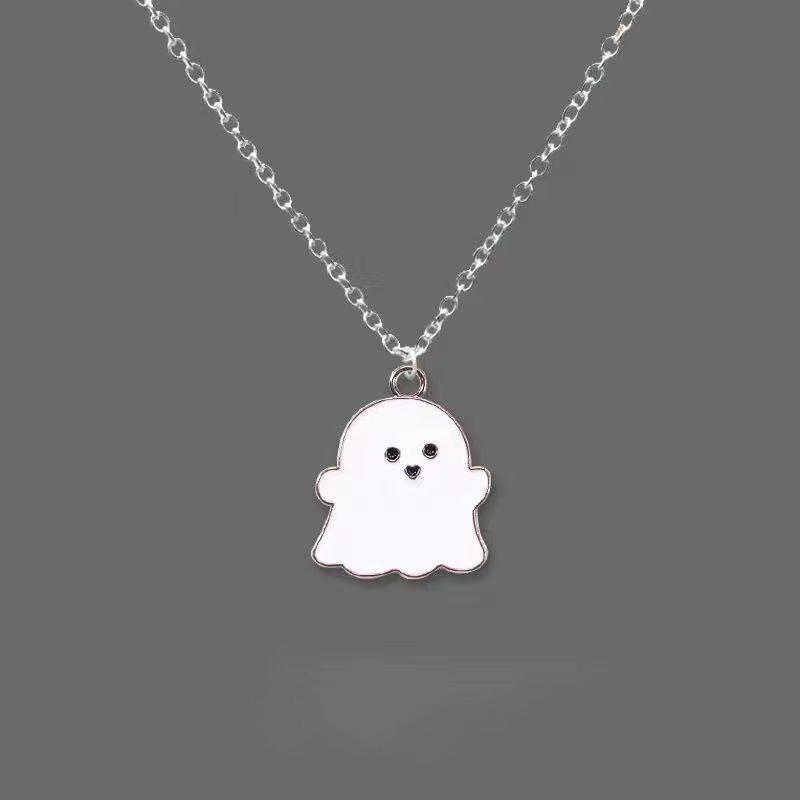 Cartoon Black And White Ghost Ghost Necklace Pendant Male Hip Hop Personality Female Couple Accessories Sweater Chain Halloween Gift