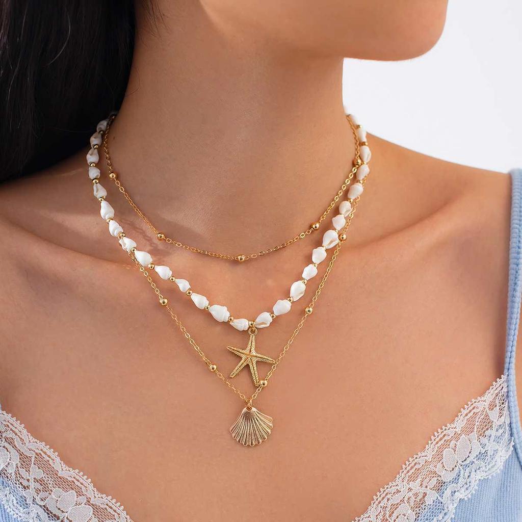 14K Gold Multi-layer Pearl & Starfish Seashell Necklace for Women