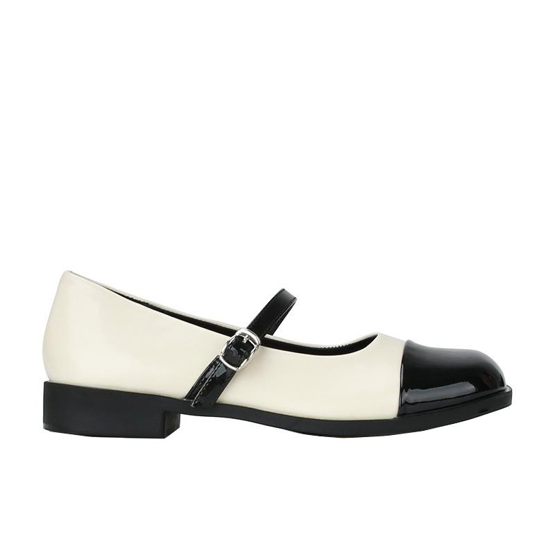 Premium Cowhide Version~ Xiaoxiangfeng One-word Buckle Belt Color Matching Mary Jane Shoes Black and White Square Head Retro Thick Heel Single Shoes