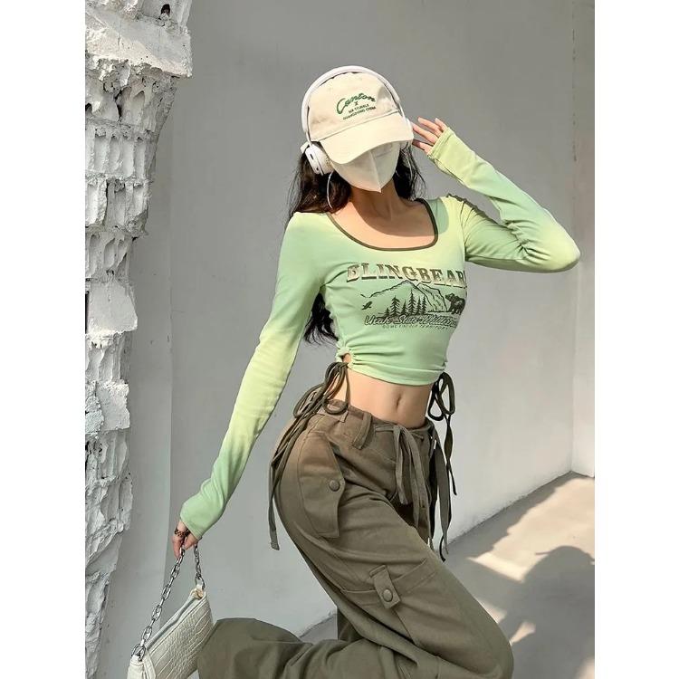 Print Long Sleeve Tshirts Women Long Sleeve Tunic Summer Tees Crop Tops Bandage Fashion Sexy Y2k T Shirts