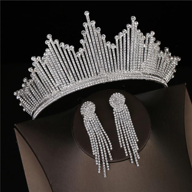 Baroque Silver Color Crystal Bridal Tiaras Crown With Earrings Rhinestone Pageant Diadem Luxury Wedding Hair Accessories Bijoux