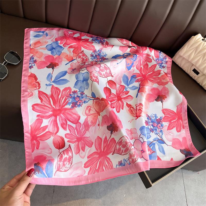 Spring and Summer Korean Version of Simulated Silk Printing Silk Scarf Square Scarf High-end Shawl Sunscreen Neck Small Square Scarf Headscarf Scarf W