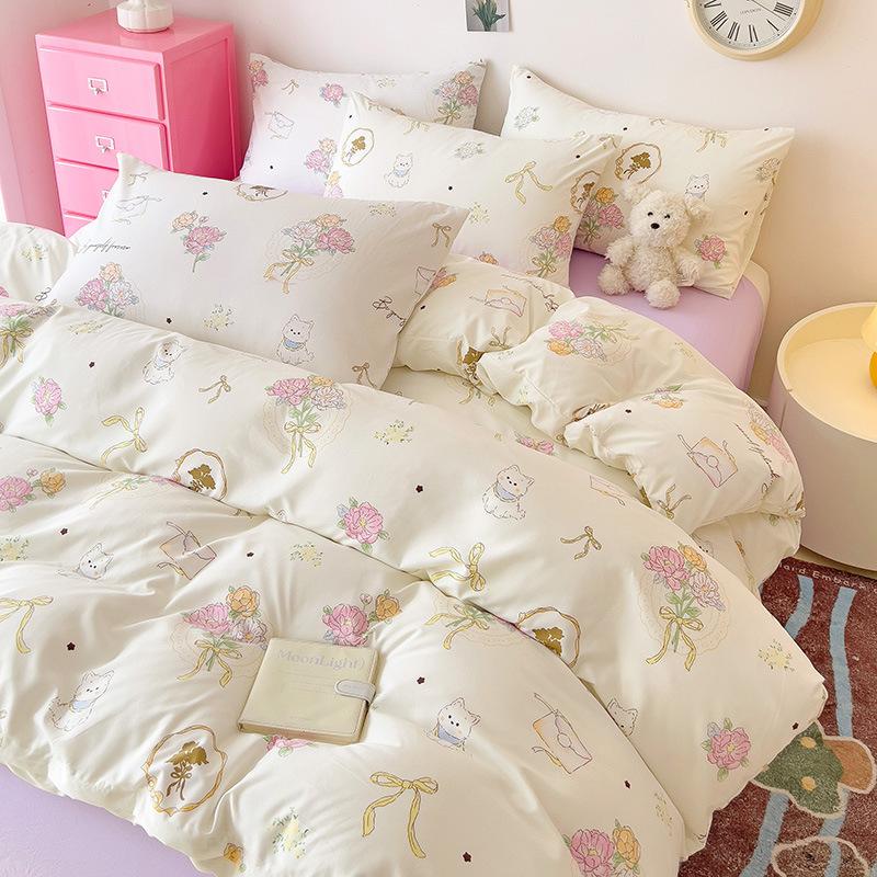 Small Fresh Mattress Quilt Cover Class A Maternal And Infant Grade Cartoon Dormitory Bed Sheet Three-Piece Set Super Soft Washed Cotton 4Pcs Set