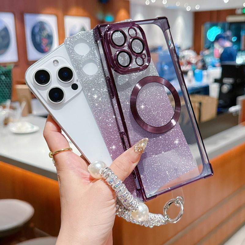 Glitter Case For iPhone 16 Pro Max 17 14 15 Plus Bracelet Short Chain Pearl Diamond Strap Lanyard Shockproof Magnetic Soft Cover
