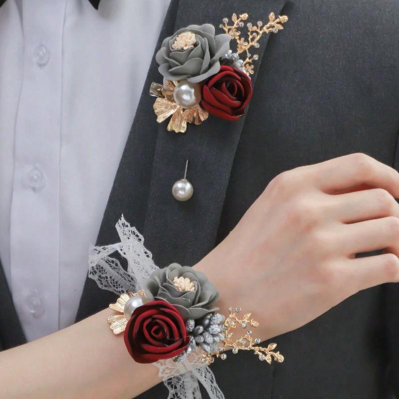 Grenzüberschreitende Hochzeitsrequisiten: Koreanischer Stil Braut & Bräutigam Simulationsblumen, Brautjungfern- & Trauzeugen-Anstecksträußchen, Kleine Geschenke