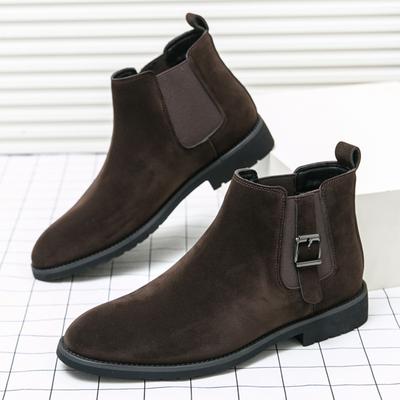 Mode Vinter Herr Pekad Mocka Läder Spänne Chelsea Ankelstövlar Brittisk Designer Botas Trend Casual Höga Skor Zapatos Hombre
