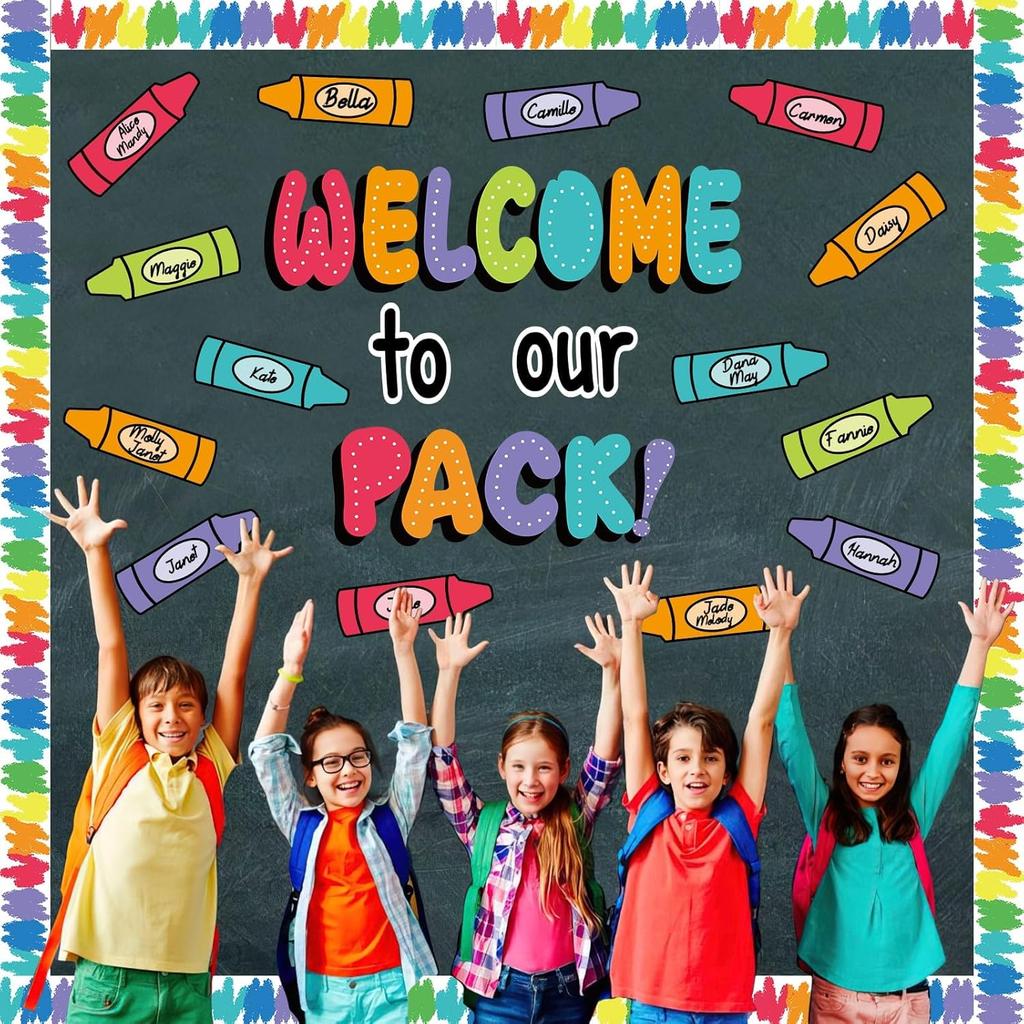 63Pcs Classroom Bulletin Board Decorations Set - Welcome to Our Pack Crayon Cutouts with Border Trims for School Classroom Door Home Wall Decorations
