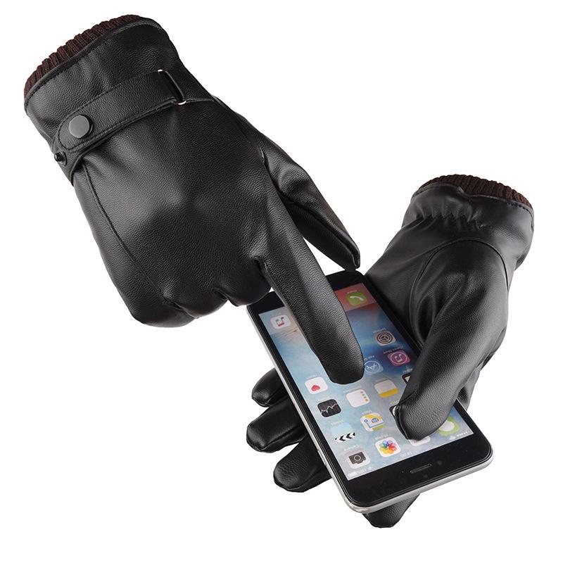 Men's Black Leather Touchscreen Gloves for Riding - Fleece-Lined, Warm, Thin, for Autumn and Winter.