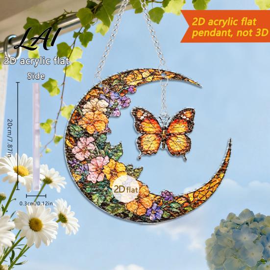 Transparent Acrylic Window Art Moon-Shaped Wreath Hanging Ornament Butterfly Angel Floral Stained Glass Style Mosaic Daily Home Furnishings
