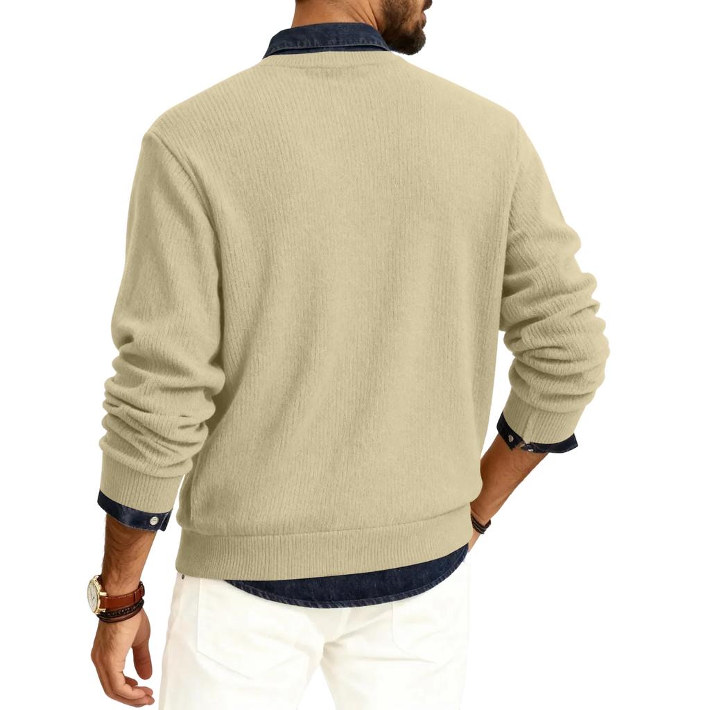 Pánský pulovr s kulatým výstřihem, dlouhým rukávem a žebrovaným úpletem