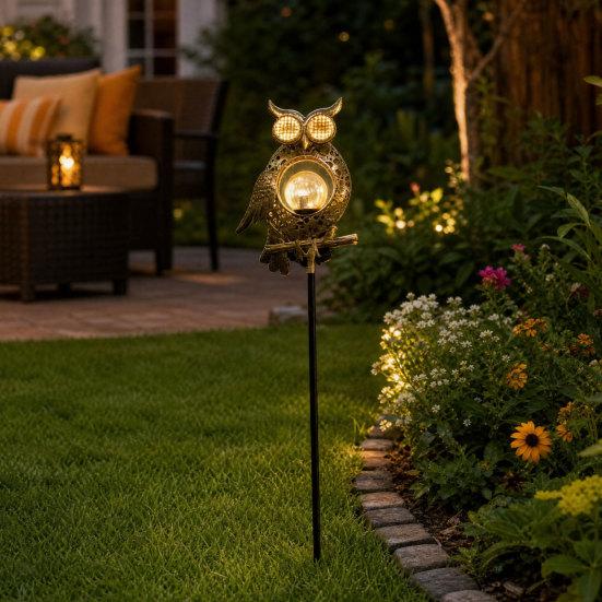 Solar Owl Garden Light, Outdoor Metal Owl Solar Light with Stake, LED Warm Glow Pathway Light for Backyard Patio Lawn Flower Bed
