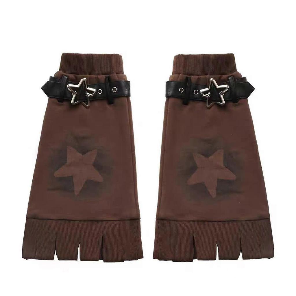 Brown Star Pattern Leg Warmers with Adjustable Leather Buckle Strap for Women Punk Flared Leg Covers Footless Socks  Brown