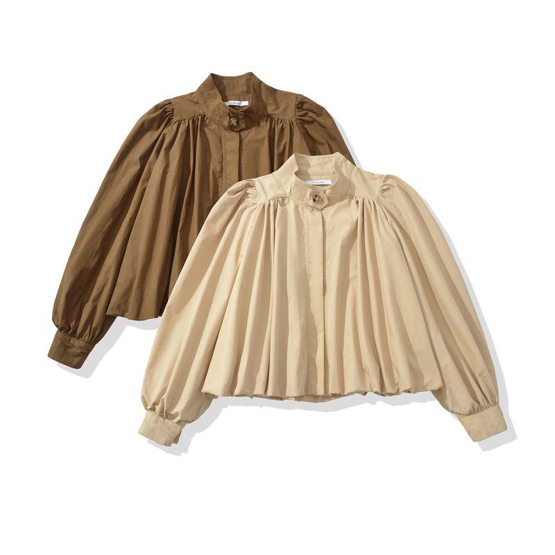 Counter Same Zbzr Autumn New Women clothes Western Style Fashion Stand Collar Lantern Sleeve Pleat Design Sense Top