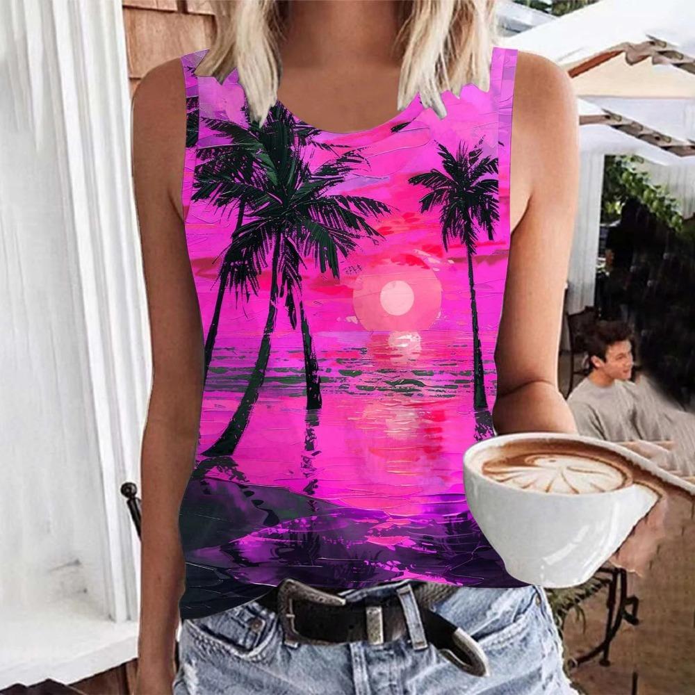 Hawaiian Coconut Tree 3D Printed Women's Summer Round Neck Casual Vest