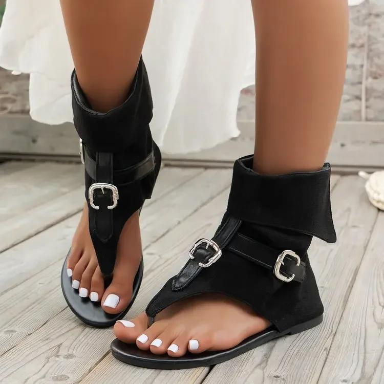 New Summer Clip Toe Roman Sandals Denim Belt Buckle Large Size High Top Flat Boots Women Dressy Casual Sandals
