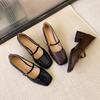 Cowhide version, spring temperament square head and thin word with light mouth commuting thick high heel Mary Jane single shoes women's leather