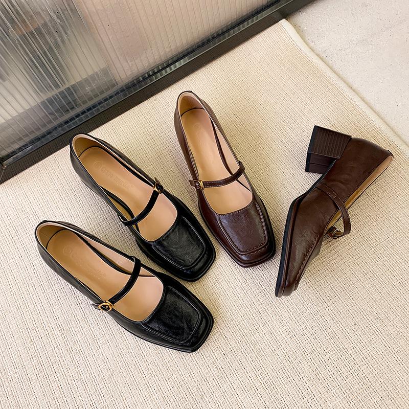 Cowhide version, spring temperament square head and thin word with light mouth commuting thick high heel Mary Jane single shoes women's leather