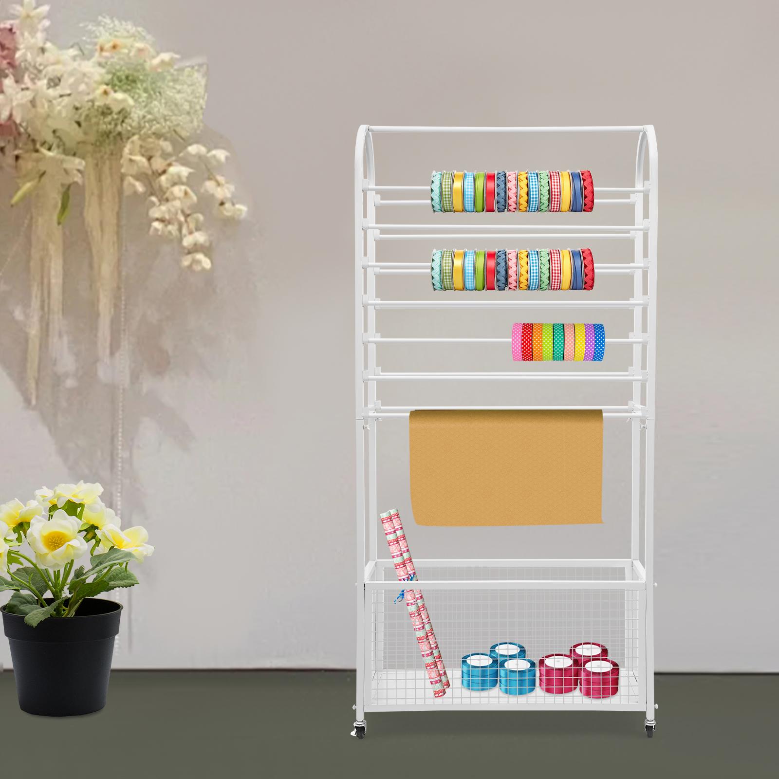 White Double-Sided Ribbon Rack, 15-Rod Ribbon Organizer Display Stand, Heavyweight Storage Holder 110lbs Capacity, 80x30x165cm белый